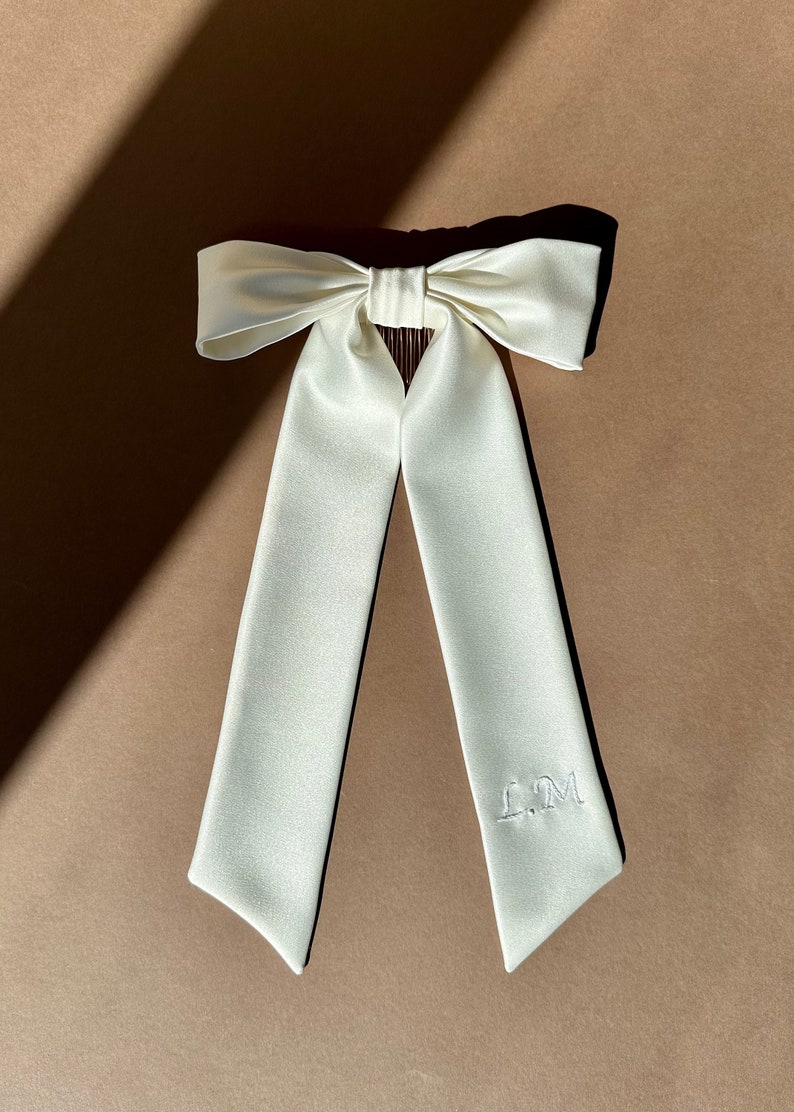 Ivory Satin Personalised Hand Embroidered Bow image 1