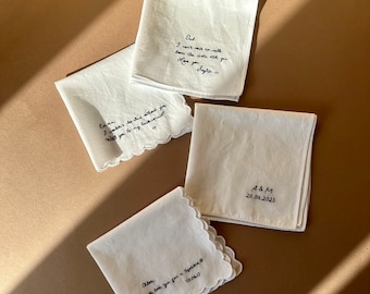 Hand Embroidered Personalised Scallop Or Straight Edge Keepsake Custom Handkerchief for Wedding, Anniversary or Special Occasion.