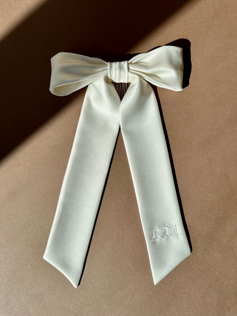 Ivory Satin Personalised Hand Embroidered Bow image 3