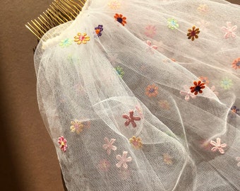 Hen Party Tulle Embroidered Multicoloured Daisy Bride Veil