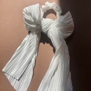White Plisse Versatile Two Piece Pleated Scrunchie, Long Tail, Head Scarf And Bow