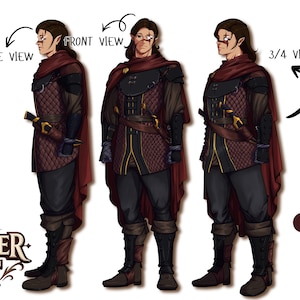 May include: A character sheet illustration featuring a dark-haired elf in quilted armour and a maroon cloak, shown in side, front, and 3/4 views. Includes a dagger with a sheath, two facial expressions, and a colour palette labelled Character Sheet.