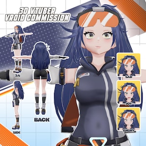 May include: A 3D VTuber Vroid Commission graphic featuring a female anime character with long blue hair, wearing a dark blue and white outfit. The image includes multiple views of the character, including front, back, and side profiles, along with three emotion cards labeled "SAD", "JOY", and "ANGRY".