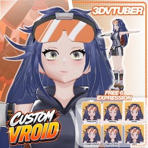 May include: A 3D VTuber character model with long dark blue hair, wearing orange-tinted goggles on the head. The character wears a grey and white athletic outfit. The image includes the text 3DVTUBER, CUSTOM VROID, and FREE 6 EXPRESSION.