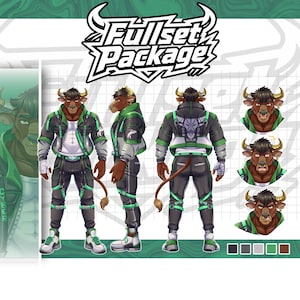 May include: A digital character reference sheet titled Fullset Package featuring an anthropomorphic bull with brown fur, wearing a black and green jacket, white shirt, and black cargo pants with green straps. Includes front, side, and back views.