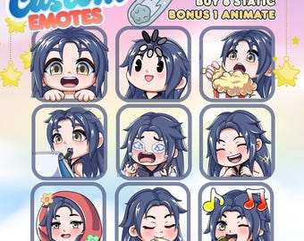 May include: A set of nine digital character emotes featuring a person with dark blue hair in various expressions and activities, including eating popcorn, crying, drawing, and singing. The text reads Custom Emotes and Buy 6 Static Bonus 1 Animate.