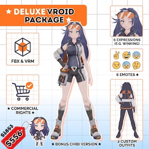 Op de afbeelding: Een Deluxe VRoid-pakket met een 3D-karaktermodel met donkerpaars haar en een oranje skibril. De set bevat FBX- en VRM-bestanden, 6 gezichtsuitdrukkingen, 6 emotes, 2 aangepaste outfits, commerciële rechten en een bonus chibi-versie.