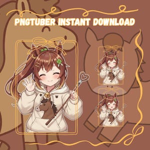 Puede incluir: Descarga instantánea digital de PNGTuber. La imagen muestra un personaje de estilo anime sonriente con cabello castaño, vistiendo una sudadera con capucha blanca con un gráfico de caballo. El personaje sostiene una varita en forma de corazón. El fondo es marrón con siluetas de caballos y el texto "PNGTuber Instant Download".