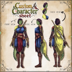 Peut inclure: Une fiche de personnage personnalisée illustrant un personnage à la peau verte et aux cheveux courts foncés. Il porte une tunique bleue, une ceinture rouge, des bottes marron et une cape jaune. La fiche montre des vues de face, de profil et de dos.