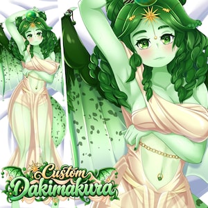 May include: A dakimakura body pillow cover featuring an anime-style character with green skin, braided hair, and large wings. The character wears a light beige draped garment and a gold chain belt. The text Custom Dakimakura is at the bottom.