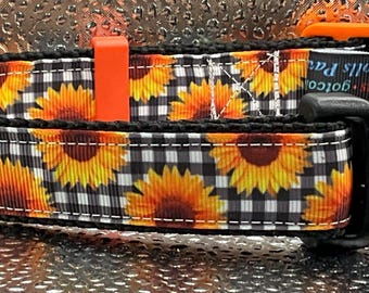 Sunflowers Adjustable Dog Collar on Buffalo Plaid black and white