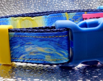 Starry Night Adjustable Dog Collar Blue Yellow White 15 1/2”-22”