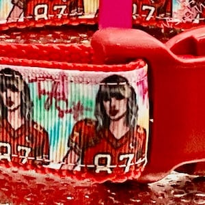 May include: Red dog collar featuring a repeating pattern of a person in a football jersey with the number 87. The collar has a red plastic buckle and a silver metal D-ring for leash attachment.