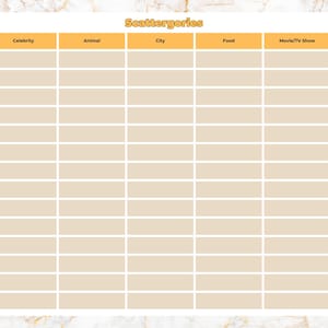 Scattergories Template for Parties/Games Night/Birthdays/School/Camp