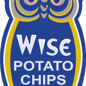 May include: A yellow owl with blue eyes and a blue background. The owl is holding a blue log with the text "WISE POTATO CHIPS" in white.