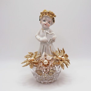 Vintage choir girl ornament with gold accents, embellished with rhinestones, vintage pin , vintage pearl earrings and vintage buttons