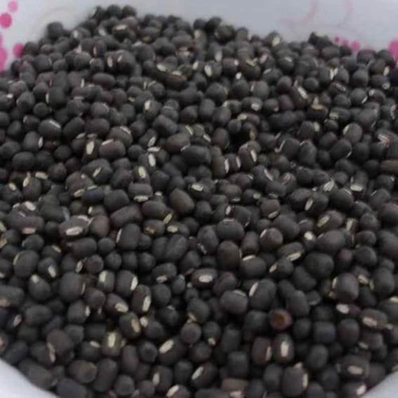 May include: A close-up view of black lentils, a type of legume used in cooking.