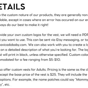 May include: Details about custom vests, including information about returns, logo customization, and pricing. The text mentions that custom logos can be sent via Etsy messaging or email, and that custom colors are available for an additional fee.