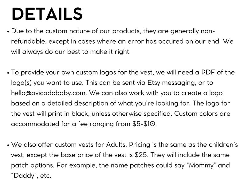May include: Details about custom vests, including information about returns, logo customization, and pricing. The text mentions that custom logos can be sent via Etsy messaging or email, and that custom colors are available for an additional fee.