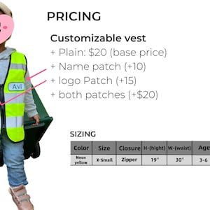 May include: A neon yellow safety vest with a zipper closure. The vest has a patch that says "CHAMBLEE" and another patch that says "Avi". The vest is sized X-Small and is 19 inches high and 30 inches wide. It is suitable for ages 3-6.