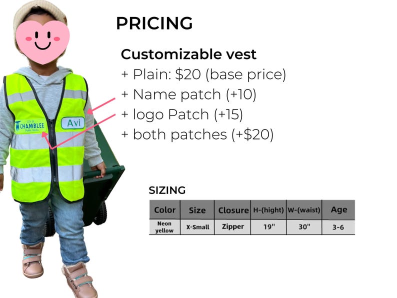 May include: A neon yellow safety vest with a zipper closure. The vest has a patch that says "CHAMBLEE" and another patch that says "Avi". The vest is sized X-Small and is 19 inches high and 30 inches wide. It is suitable for ages 3-6.