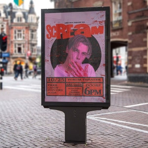 Op de afbeelding: Een roze en rode poster met de tekst "ARE YOU READY TO SCREAM" in grote witte letters. De poster adverteert voor een concert in het Forum Theater op 25 oktober om 18:00 uur. De poster toont een foto van een persoon met bloedige handen.