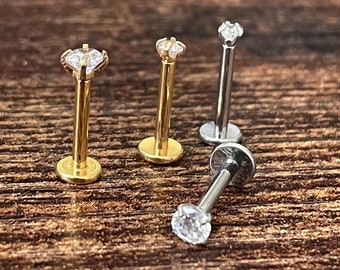 Flatback Crystal Earrings FlatBack Solitaire Earrings Internally Threaded Earrings Titanium Labret Studs 16 Gauge Barbell Conch Earrings