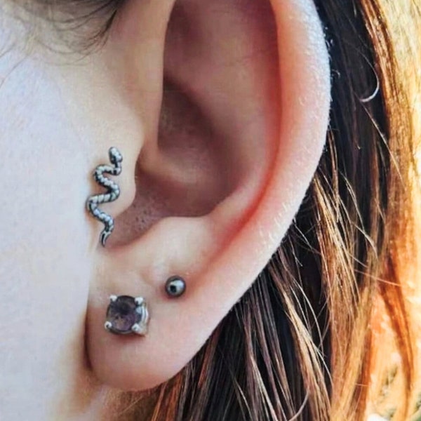 Snake Earrings- Flatback Earrings Titanium Labret Stud 16 Gauge Barbell Snake Cartilage Earring Tragus Earrings Conch Earrings