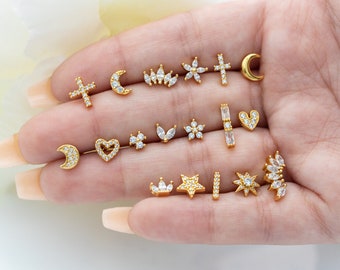 Embellished Cartilage Earring~ Dainty Gold Earring Helix Piercing Gems Mini Gold Earrings Crystal Earrings
