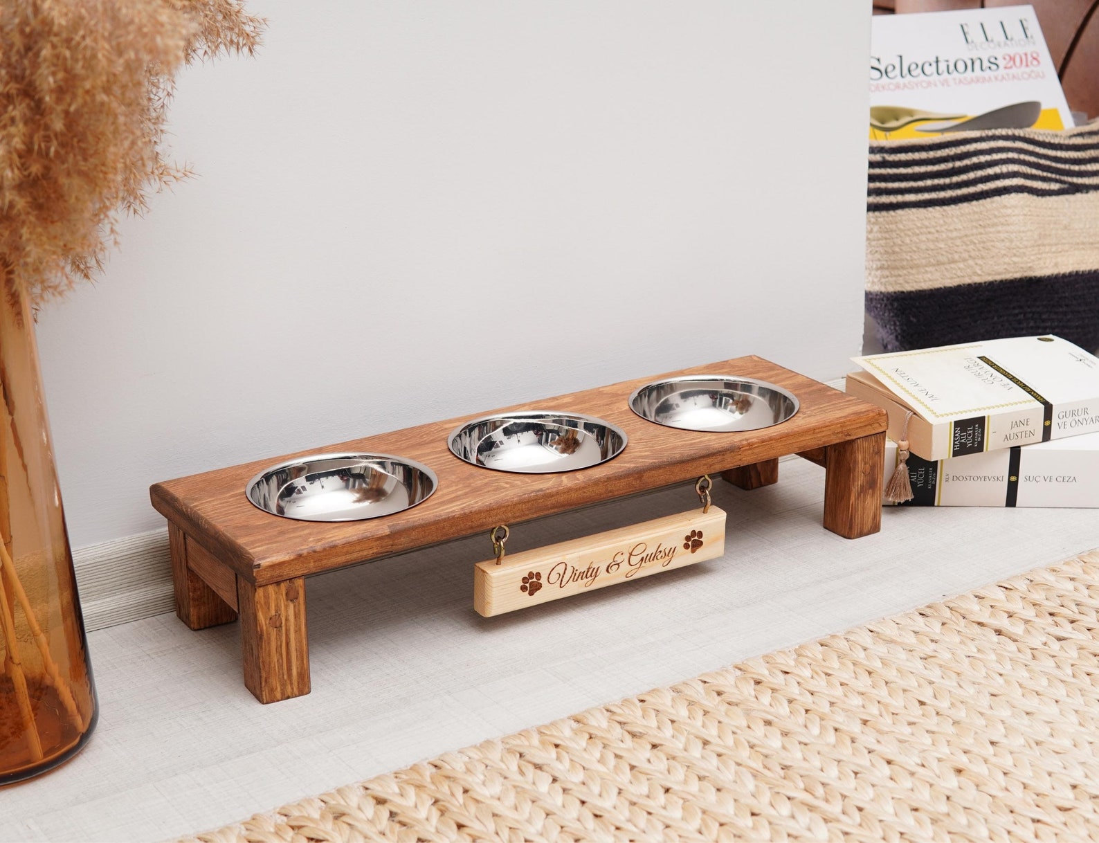 Personalized Cat Bowl Stand, Wooden Cat Feeder With Bowl, Small Dog