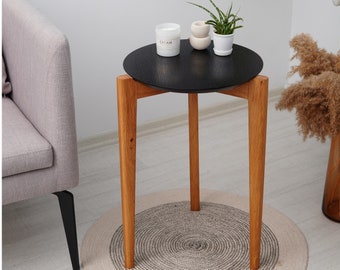 Round Black Oak End Table and Side Table - Wooden Portable Modern Coffee Table - Tripod Living Room Small Table - 3 Leg Mini Accent Table