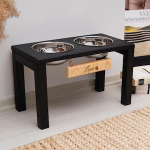 Elevated Large Dog Bowls, Large Breed Dog Food Stand, Raised Feeder, Large Dog Bowl, Big Dog Bowls, Wooden Rustic Dog Bowl Stand,Black Bowl