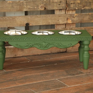 3 Bowl Green Wooden Large Bowl Stand,Dog Feeding Station, Elevated Dog Feeder, Modern Pet Food Bowl Station with 3 Steel Bowls, Dog Waterer