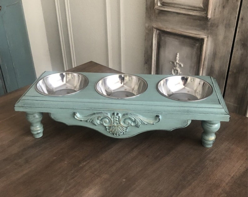 Stativ för kattmatning, upphöjd kattmatare med 3 skålar, upphöjd kattskål, liten hundskål, husdjursskål, skål i rostfritt stål, matstation, tre skålar Mint Green