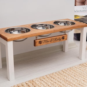 Elevated Dog Bowl with Double Stainless Steel Bowl and Waterproof Plate ,  Rustic Wooden Dog Dish Stand for Medium To Large Dogs and Cats. Burnished  Color 