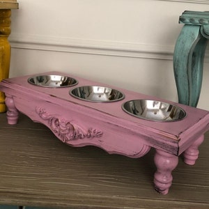 Stativ för kattmatning, upphöjd kattmatare med 3 skålar, upphöjd kattskål, liten hundskål, husdjursskål, skål i rostfritt stål, matstation, tre skålar Pink