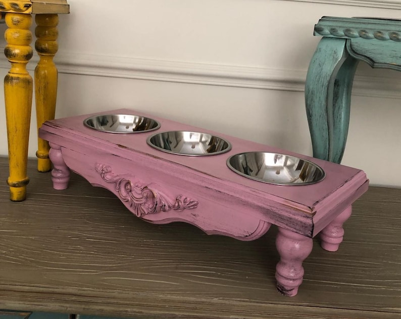 Stativ för kattmatning, upphöjd kattmatare med 3 skålar, upphöjd kattskål, liten hundskål, husdjursskål, skål i rostfritt stål, matstation, tre skålar Pink