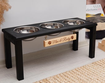 Personalized Three Dog Feeder, 3 Dog Bowl Stand, Raised Dog Dish, 3 Bowl Pet Feeder, Black Dog Feeding Station, Elevated Dog Bowl Stand