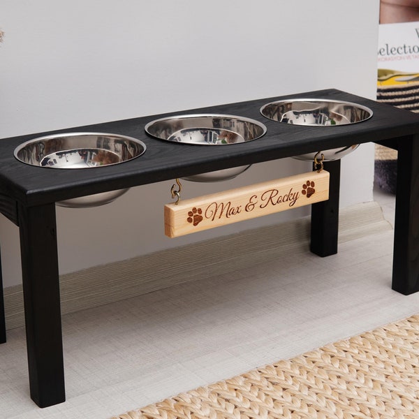 Personalized Three Dog Feeder, 3 Dog Bowl Stand, Raised Dog Dish, 3 Bowl Pet Feeder, Black Dog Feeding Station, Elevated Dog Bowl Stand