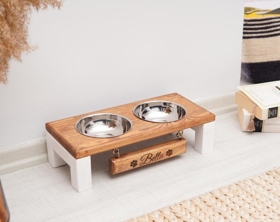 13cm Height Elegant Tilt Wooden Bowl Stand for Cats and Small Dogs, Dining  Table, Cat Bowl Stand, Feeding Stand solid Wood 2 Bowls Free 