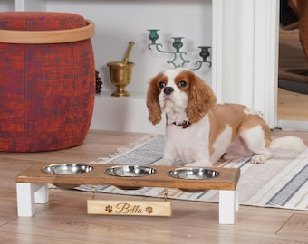 Small Dogs and Cat Feeding Station, Personalized Cat Bowl Stand, Elevated Pet Feeder, Wooden 3 Bowl Feeder with Shelves, Pet Furniture