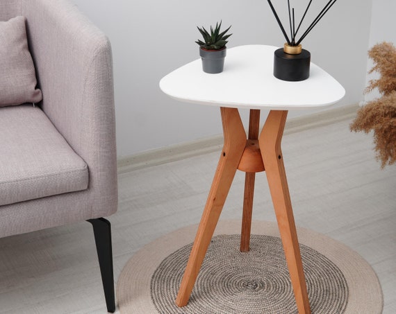 White Oak Triangle Wooden End Table Tripod Three Legged Corner