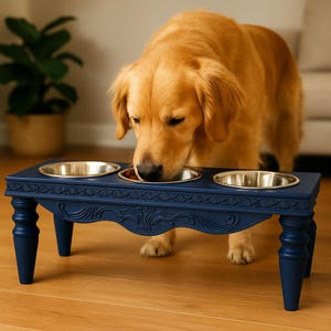 3 Bowl Raised Large  Dog Food Bowl Stand, Rustic Dog Bowl Stand, Elevated Pet Feeder Station, Mid Century Modern Dog Bowl Station, Dog Dish