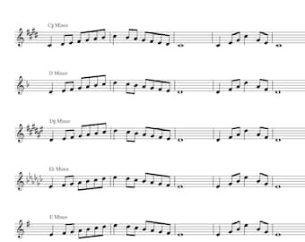 Escalas menores, clave de sol, escalas musicales imprimibles, papel de pentagrama musical, PDF carta/A4, descarga instantánea