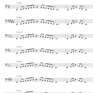 May include: A sheet of music with the title "Major Scales" and musical notation for the C, C#, D, D, Eb, E, and F major scales.