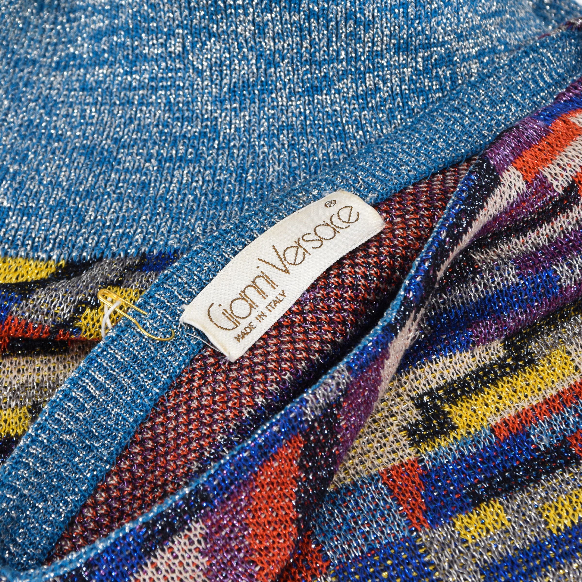 Vintage Gianni Versace Lurex Knit Sweater, 80s Geometric Print