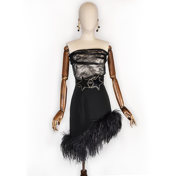 16 ARLINGTON Feather Hem Skirt: Asymmetrical Black Evening Wear, Size XS