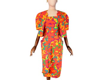 Conjunto vibrante de 3 piezas de algodón con estampado floral abstracto, corpiño y falda cruzada de GUY LAROCHE, talla S