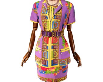 GIANNI VERSACE archival 1980s three-piece skirt suit with multicolor print on purple