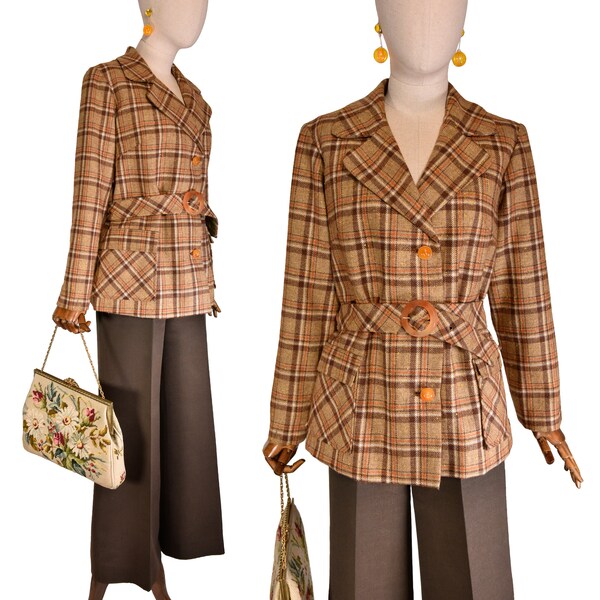 Veste en laine à carreaux VINTAGE des années 70, manteau à carreaux marron classique des années 1970, veste écossaise marron des années 70.